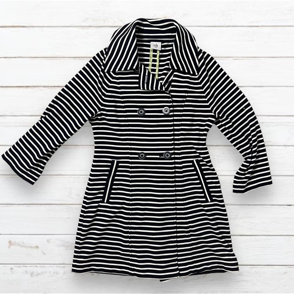 Cabi Women's Navy Blue/White Striped Maritime Trench Coat Size XS - Picture 1 of 8